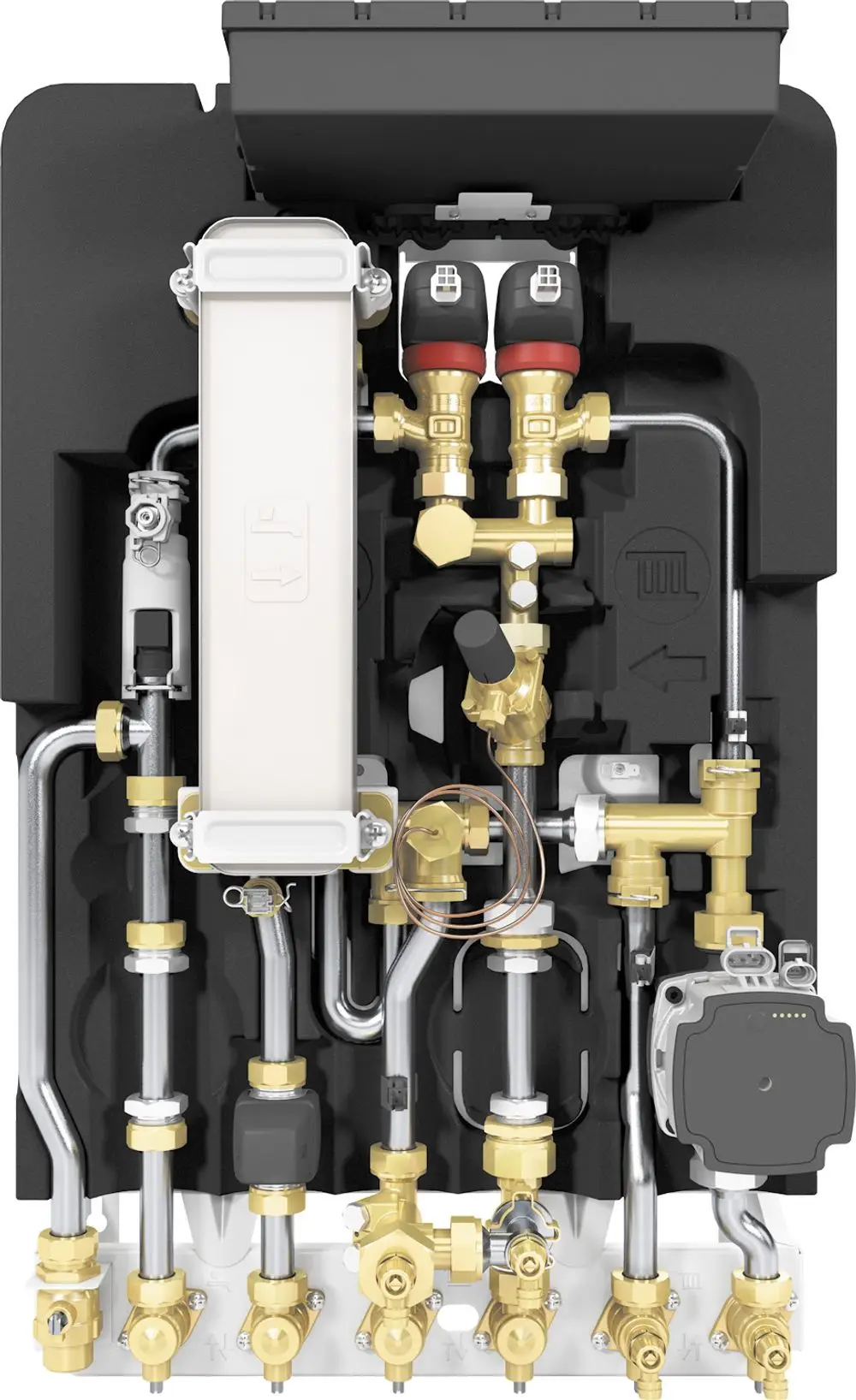 Bosch Wohnungsstation mit Rohrleitungen, Ventilen und einem thermischen Element, montiert für die Heizungsinstallation. Sichtbare Verbindungselemente und Regelkomponenten.
